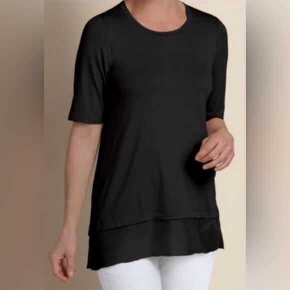 Soft Surroundings Eden Hi-Lo Tiered Short Sleeve Tunic Top Black Size M Minimal - Picture 1 of 12
